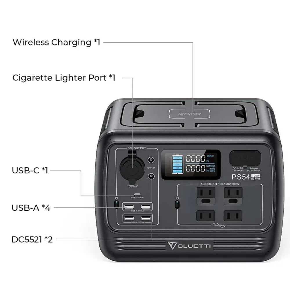 Bluetti PS54 700W Solar Generator 537Wh LiFePO4 Power Station for Home Backup Off-Grid Living Camping